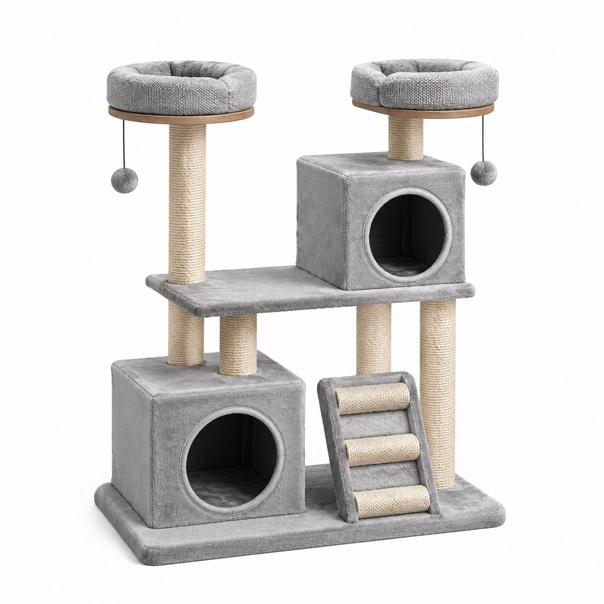 Arbre à chat gris et beige 80 x 50 x 145 cm avec 2 niches, 2 couchages et griffoirs en sisal