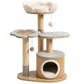 Arbre à chat multiniveau en bois, sisal et peluche beige, crème et gris avec niche et couchage – 110 x 60 x 150 cm