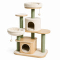 Arbre à chat multiniveau en bois clair, sisal vert et tissu crème, 120 x 60 x 160 cm