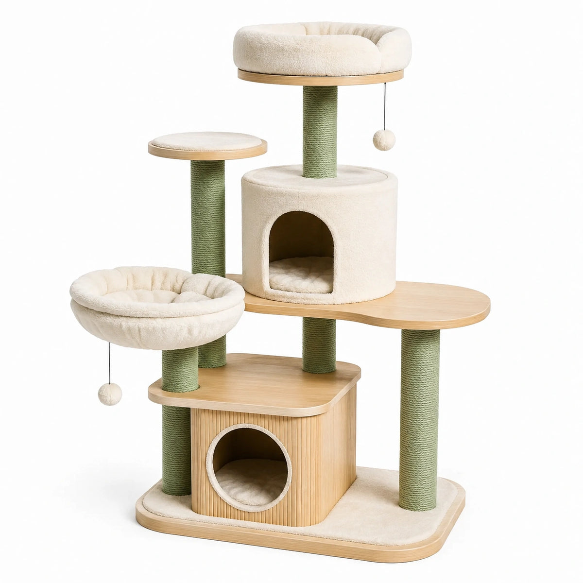 Arbre à chat multiniveau en bois clair, sisal vert et tissu crème, 120 x 60 x 160 cm