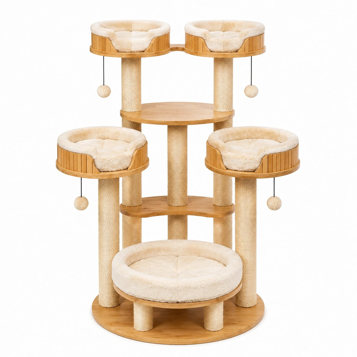 Arbre à chat en bois naturel et sisal beige avec 5 couchages et griffoirs, 120 x 60 x 185 cm
