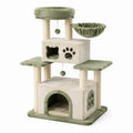 Arbre à chat multiniveau beige et vert sauge, 90 x 60 x 165 cm, avec 2 niches, corbeille rembourrée, hamac et plateformes