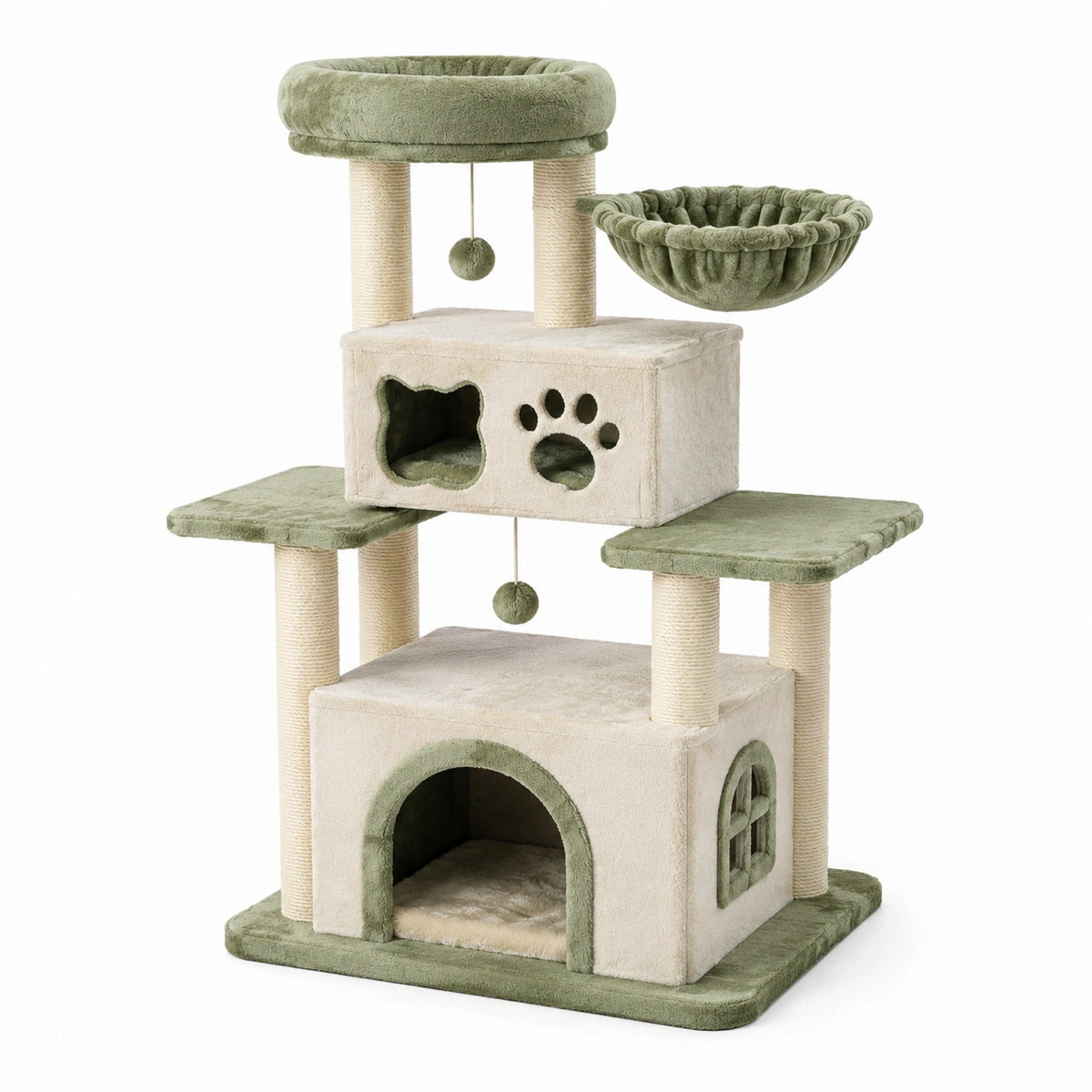 Arbre à chat multiniveau beige et vert sauge, 90 x 60 x 165 cm, avec 2 niches, corbeille rembourrée, hamac et plateformes