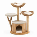 Arbre à chat en bois naturel, sisal et fibres tressées beige avec niche, griffoirs et couchages, 100 x 60 x 145 cm