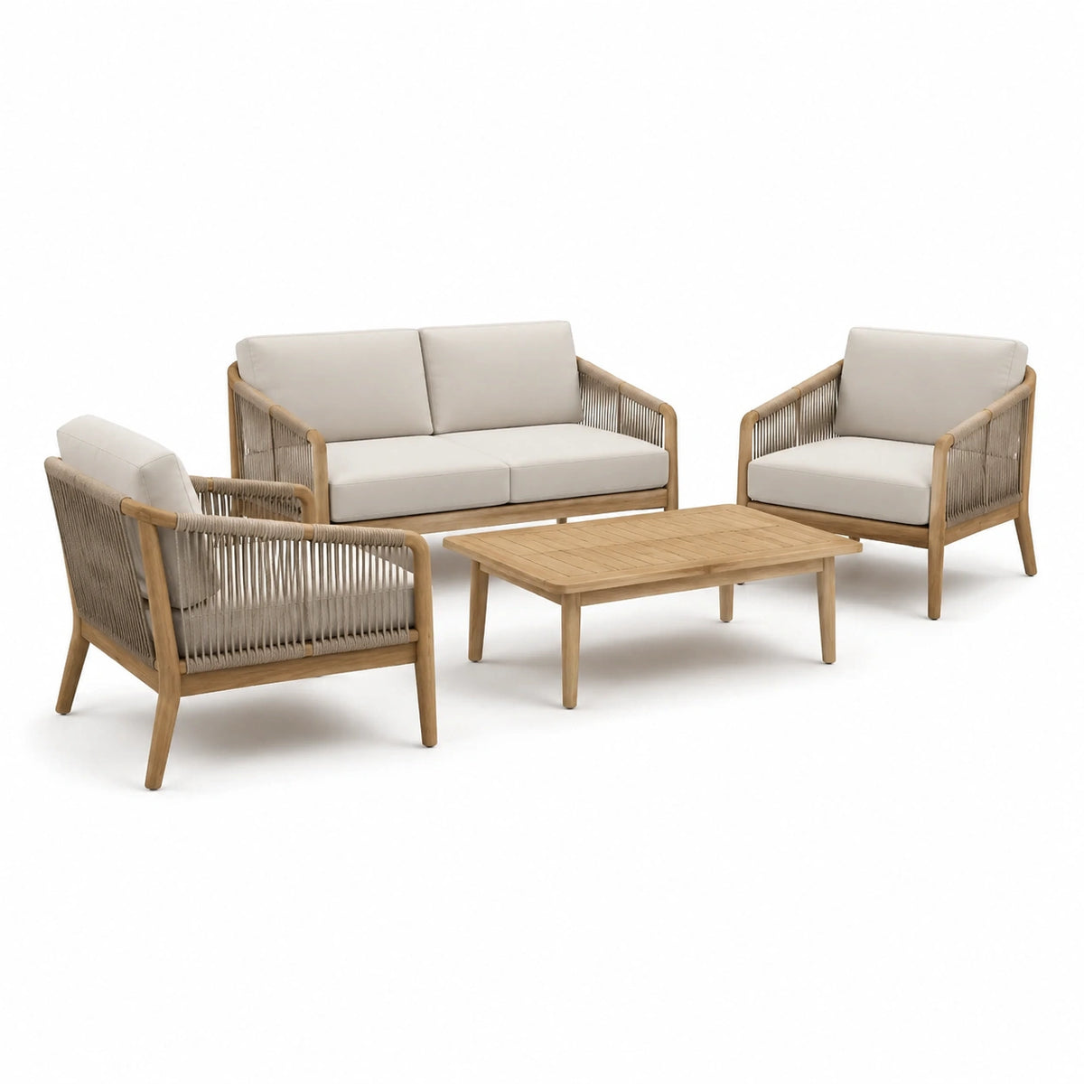 Salon de jardin 4 pièces en bois naturel, corde beige et tissu écru – Canapé 174 x 80 x 78 cm, fauteuils 78 x 80 x 78 cm, table 110 x 60 x 38 cm