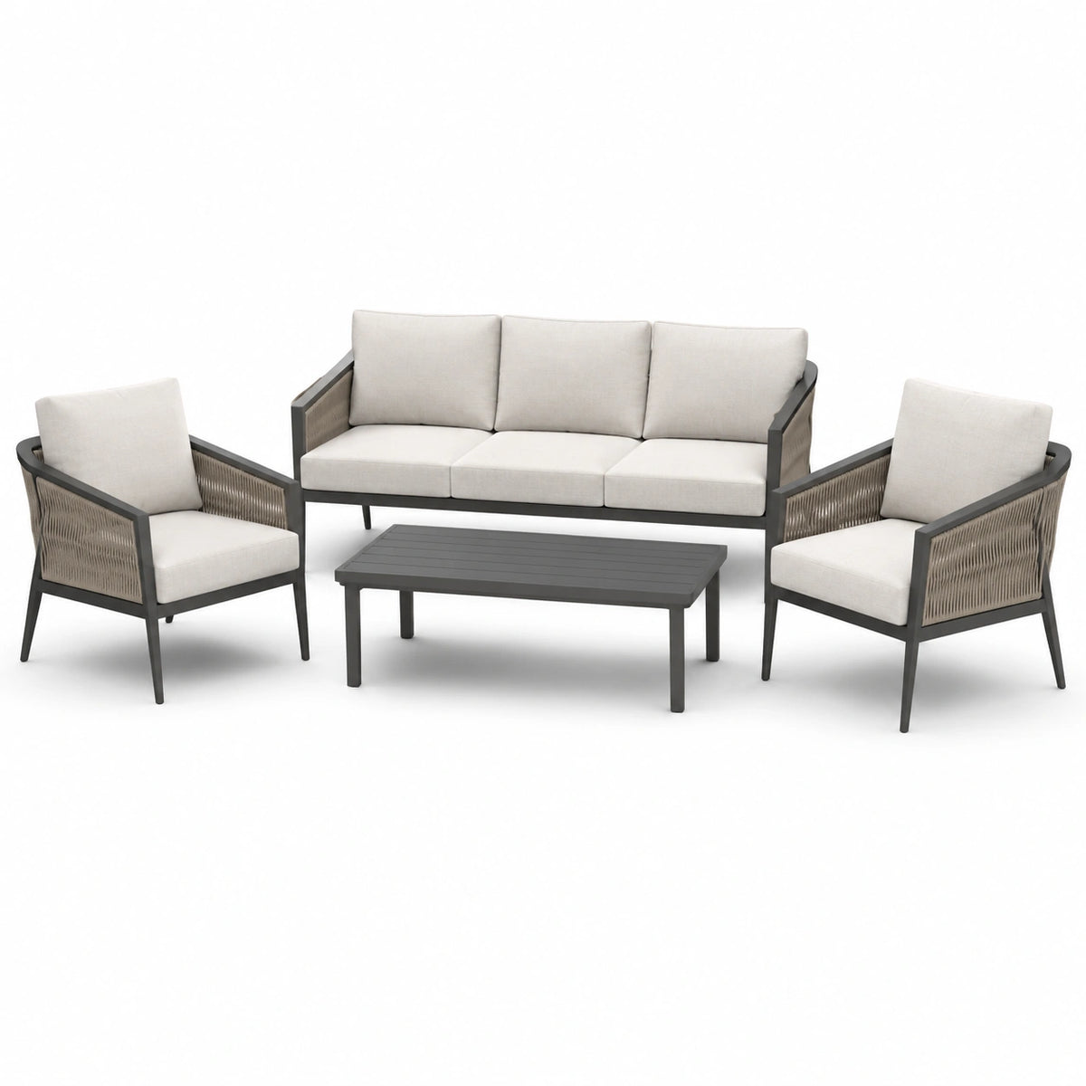 Mobilier de jardin 4 pièces beige, gris et taupe avec canapé 198 x 78 x 82 cm, 2 fauteuils 74 x 78 x 82 cm et table 110 x 60 x 38 cm