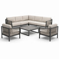 Salon de jardin contemporain 4 pièces taupe et anthracite – canapé d'angle 220 x 220 x 78 cm, 2 fauteuils et table basse