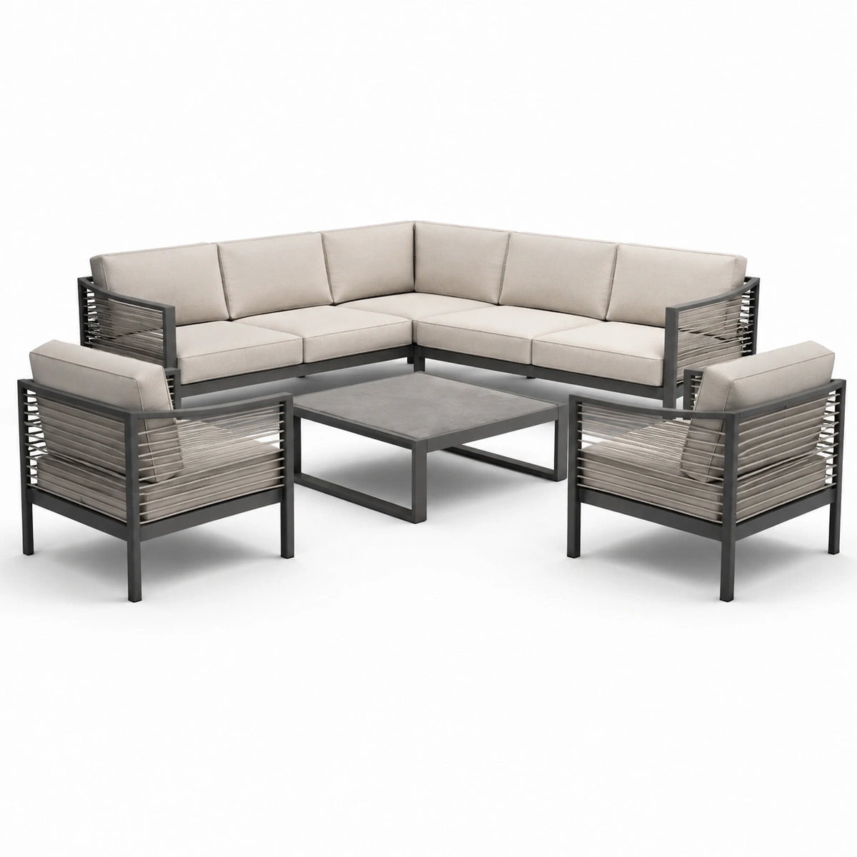 Salon de jardin contemporain 4 pièces taupe et anthracite – canapé d'angle 220 x 220 x 78 cm, 2 fauteuils et table basse