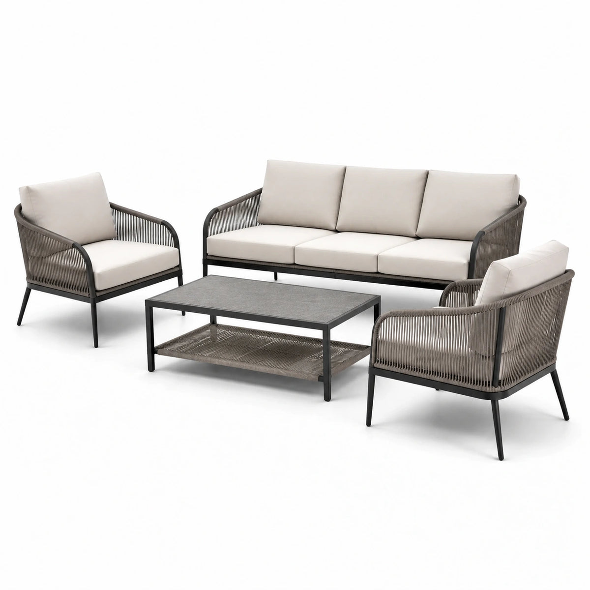 Salon de jardin contemporain 4 pièces avec canapé 200 x 80 x 78 cm, 2 fauteuils et table basse, beige, taupe, noir et gris