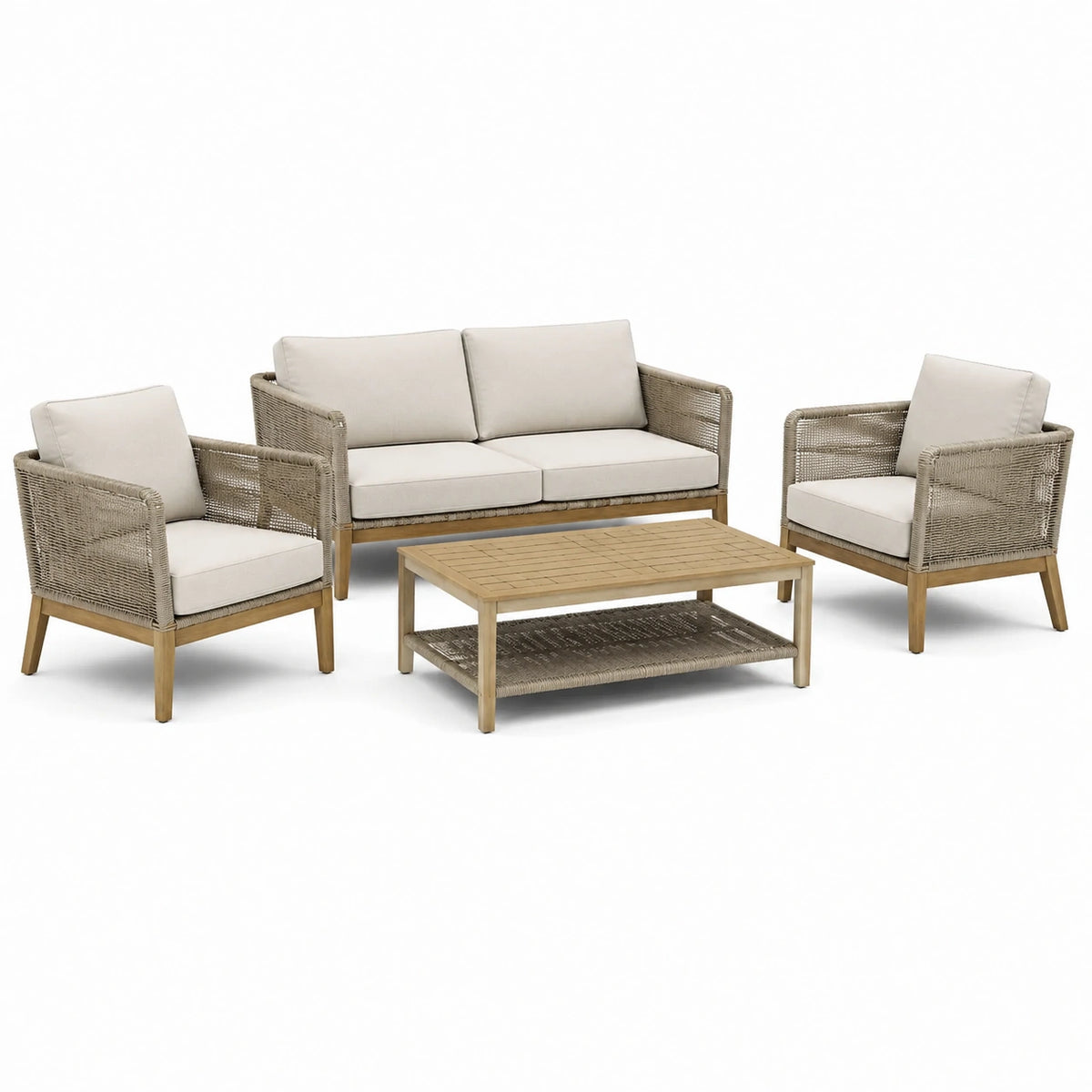 Salon de jardin 4 pièces beige et bois naturel avec canapé 194 x 78 x 79 cm, 2 fauteuils 78 x 78 x 79 cm et table basse 110 x 60 x 42 cm