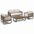 Ensemble de jardin 4 pièces beige, noir, marron et taupe avec canapé 130 x 75 x 76 cm, 2 fauteuils 70 x 75 x 76 cm et table 100 x 55 x 36 cm