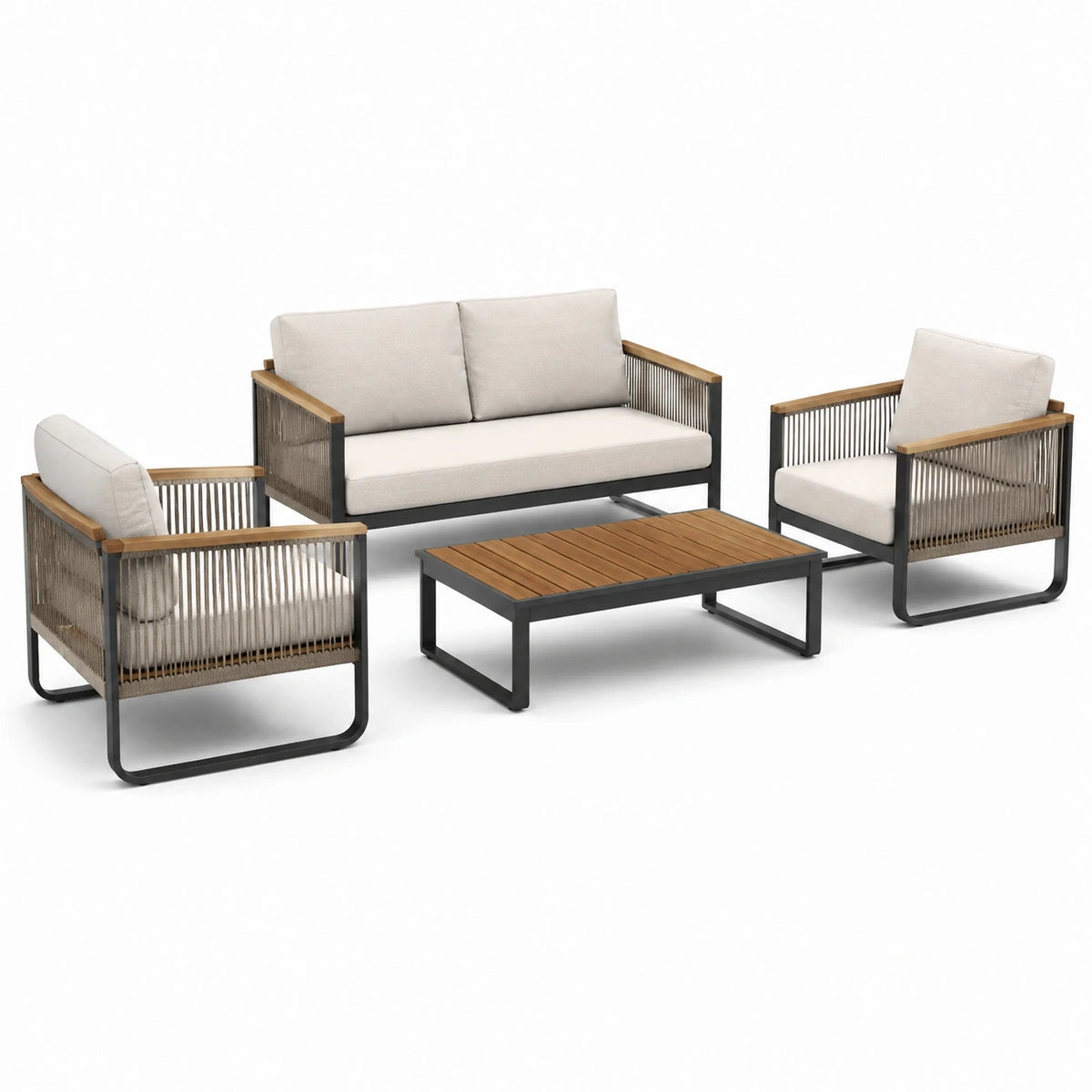 Ensemble de jardin 4 pièces beige, noir, marron et taupe avec canapé 130 x 75 x 76 cm, 2 fauteuils 70 x 75 x 76 cm et table 100 x 55 x 36 cm