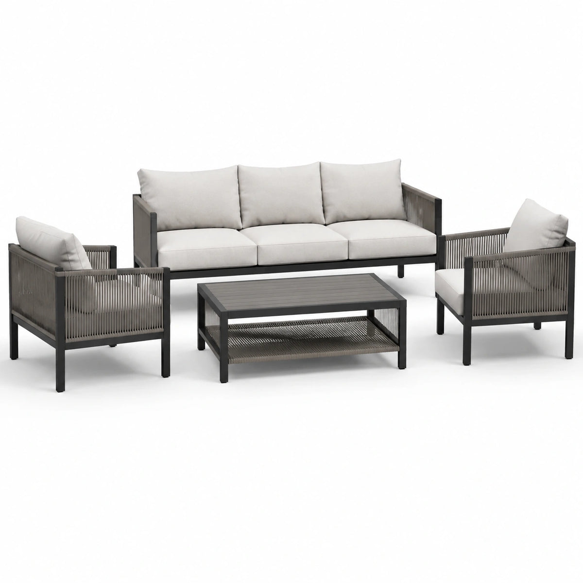 Ensemble de jardin 4 pièces anthracite et gris clair avec coussins, canapé 190 x 78 x 78 cm, fauteuils 72 x 78 x 78 cm et table 110 x 60 x 45 cm