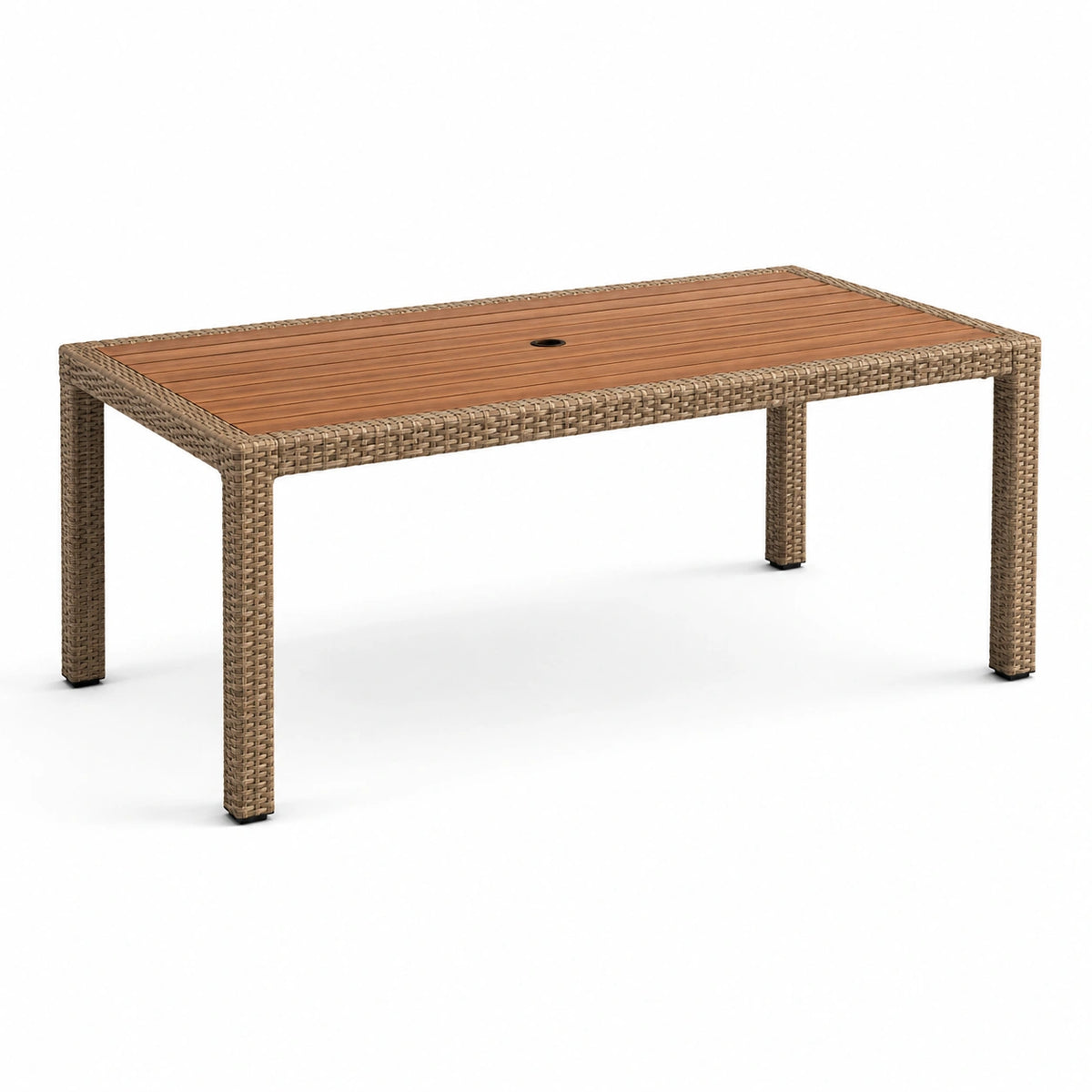 Table de jardin rectangulaire beige et brune avec trou pour parasol, 150 x 90 x 74 cm