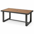 Table de jardin contemporaine 150 x 90 x 74 cm, métal noir et composite marron, trou pour parasol