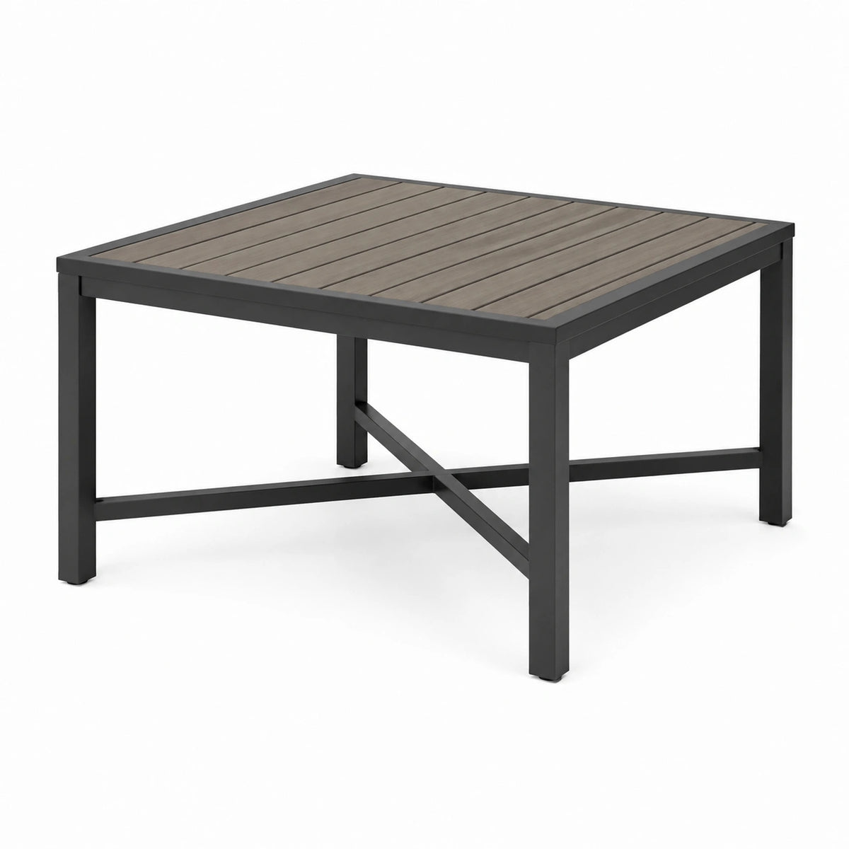 Table basse de jardin carrée 90 x 90 x 45 cm, métal noir et plateau brun à lattes