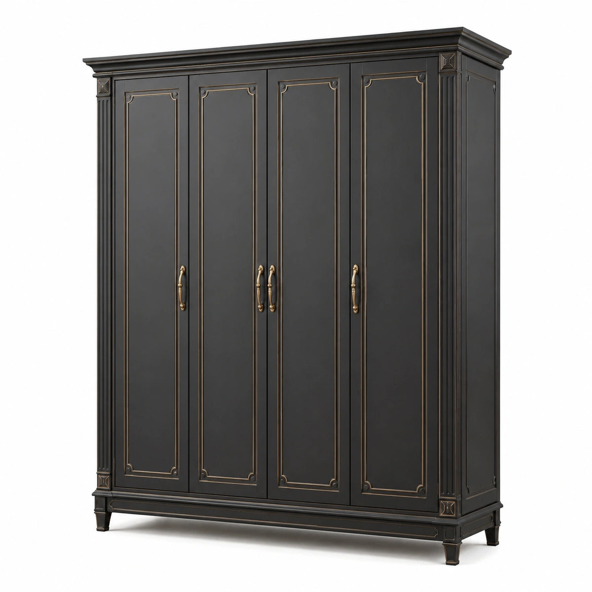 Armoire en bois à 4 portes, noire et bronze, style classique, 200 x 60 x 220 cm