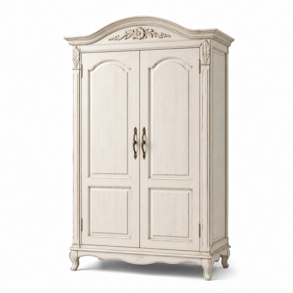 Armoire en bois blanc cassé à 2 portes sculptées avec poignées bronze, 120 x 55 x 200 cm