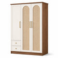 Armoire à 3 portes et 2 tiroirs avec cannage naturel, blanc et brun, 150 x 55 x 200 cm