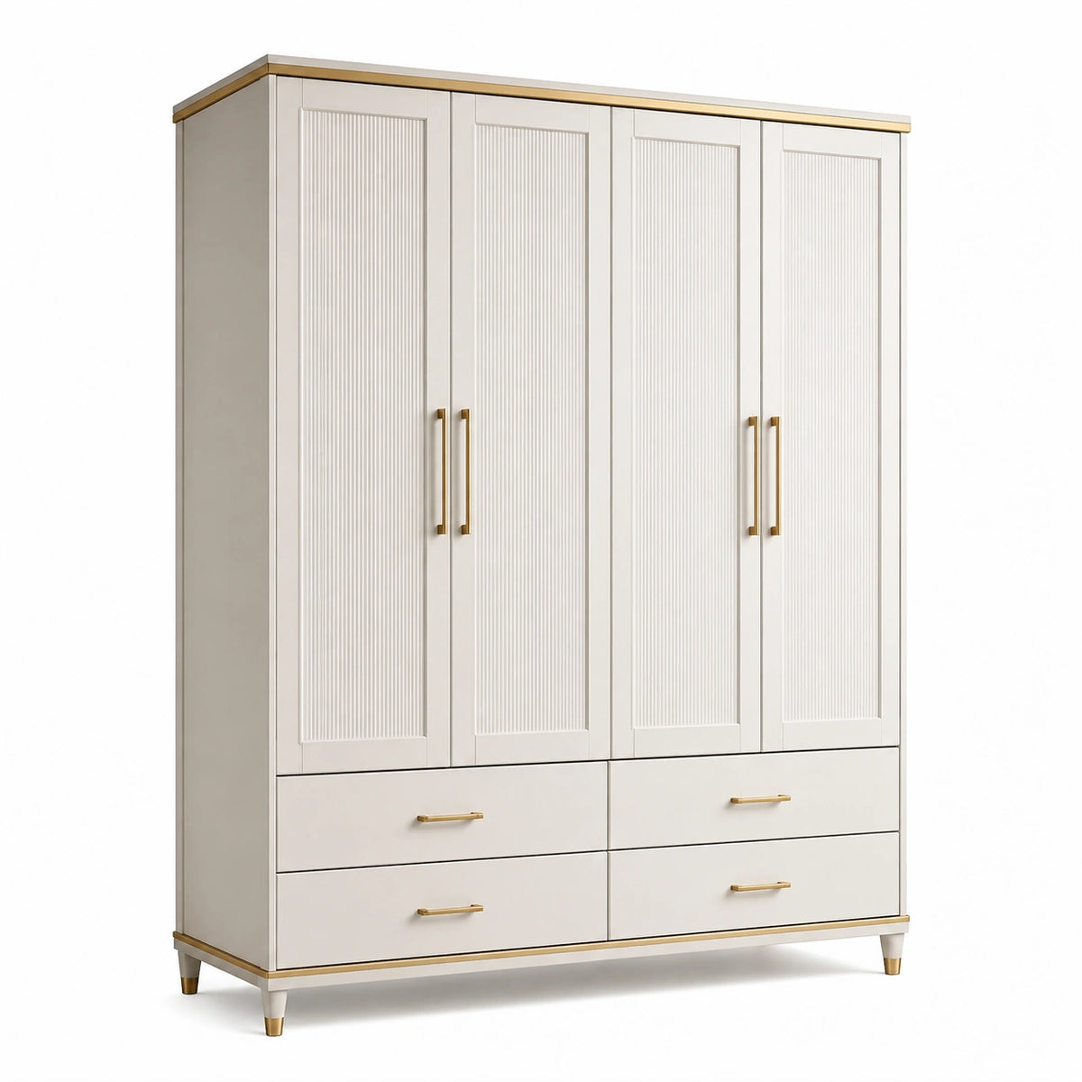 Armoire à 4 portes et 4 tiroirs, 180 x 55 x 220 cm, blanc et doré, panneaux de bois et métal