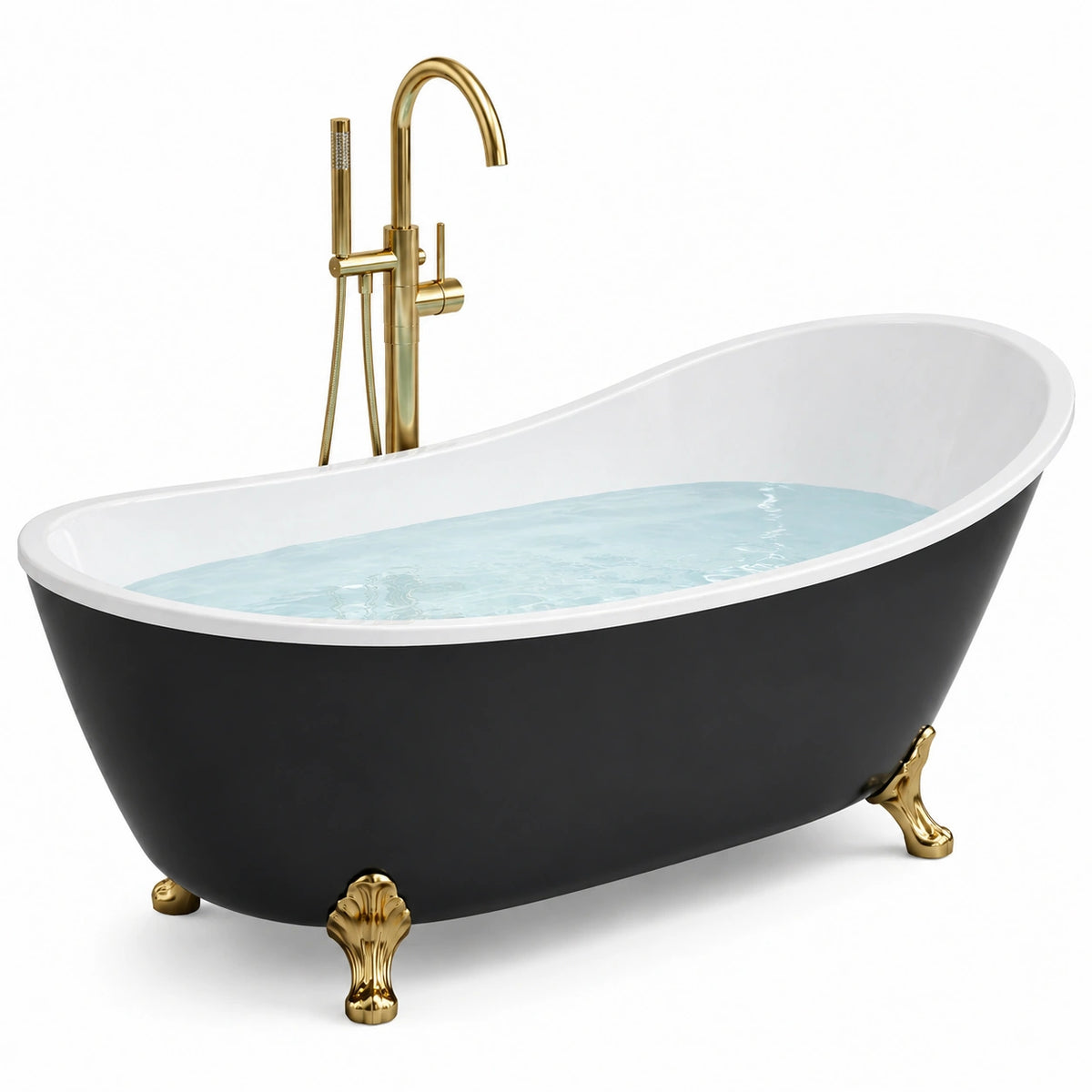 Baignoire îlot ovale en acrylique noir et blanc avec pieds dorés, 170 x 75 x 72 cm