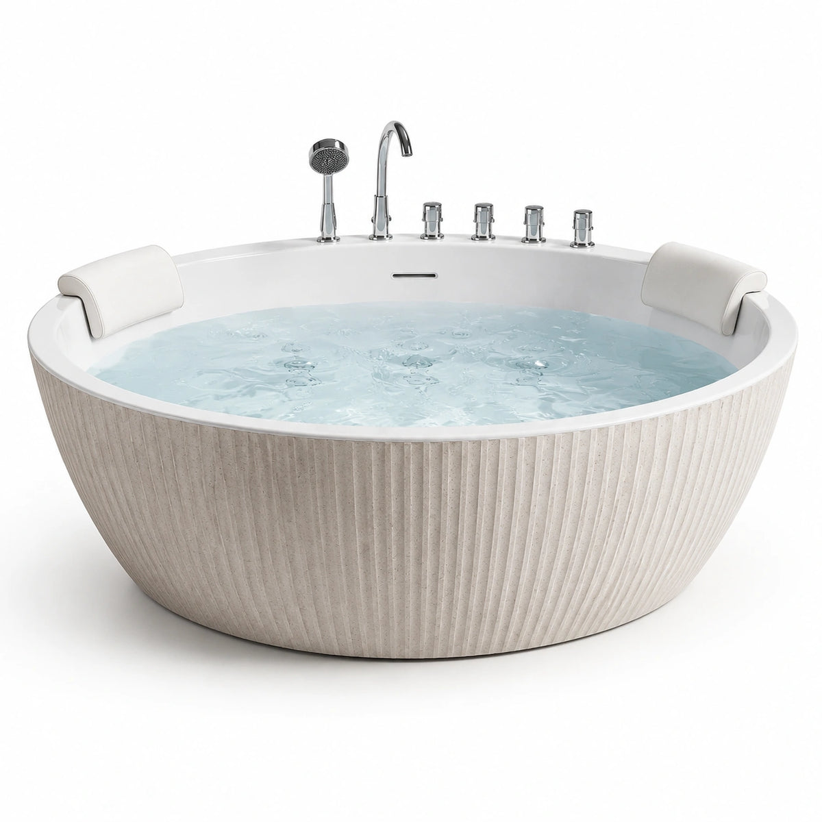 Baignoire balnéo ronde en acrylique blanc et beige Ø 180 x H 70 cm avec hydromassage et robinetterie chromée