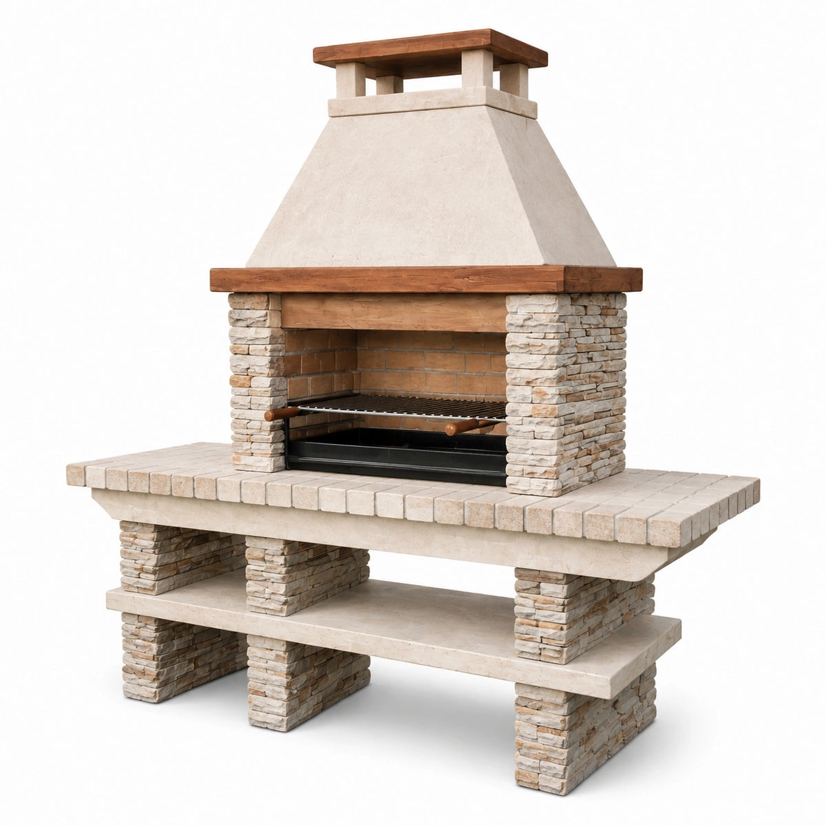 Barbecue de jardin avec cheminée 180 x 80 x 220 cm en pierre beige, briques, métal et bois brun