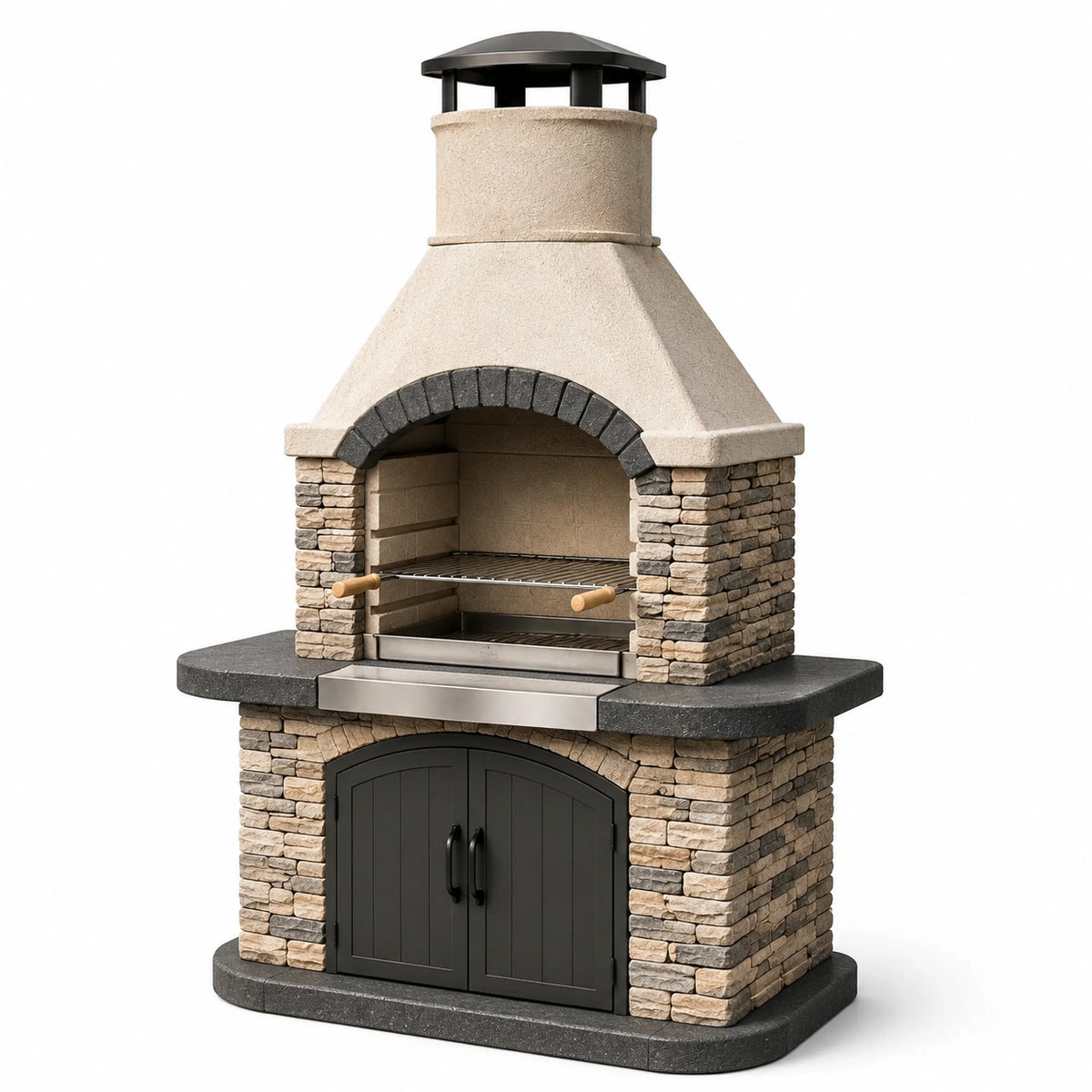 Barbecue extérieur en pierre reconstituée beige et métal avec cheminée, gril et rangement, 130 x 70 x 225 cm