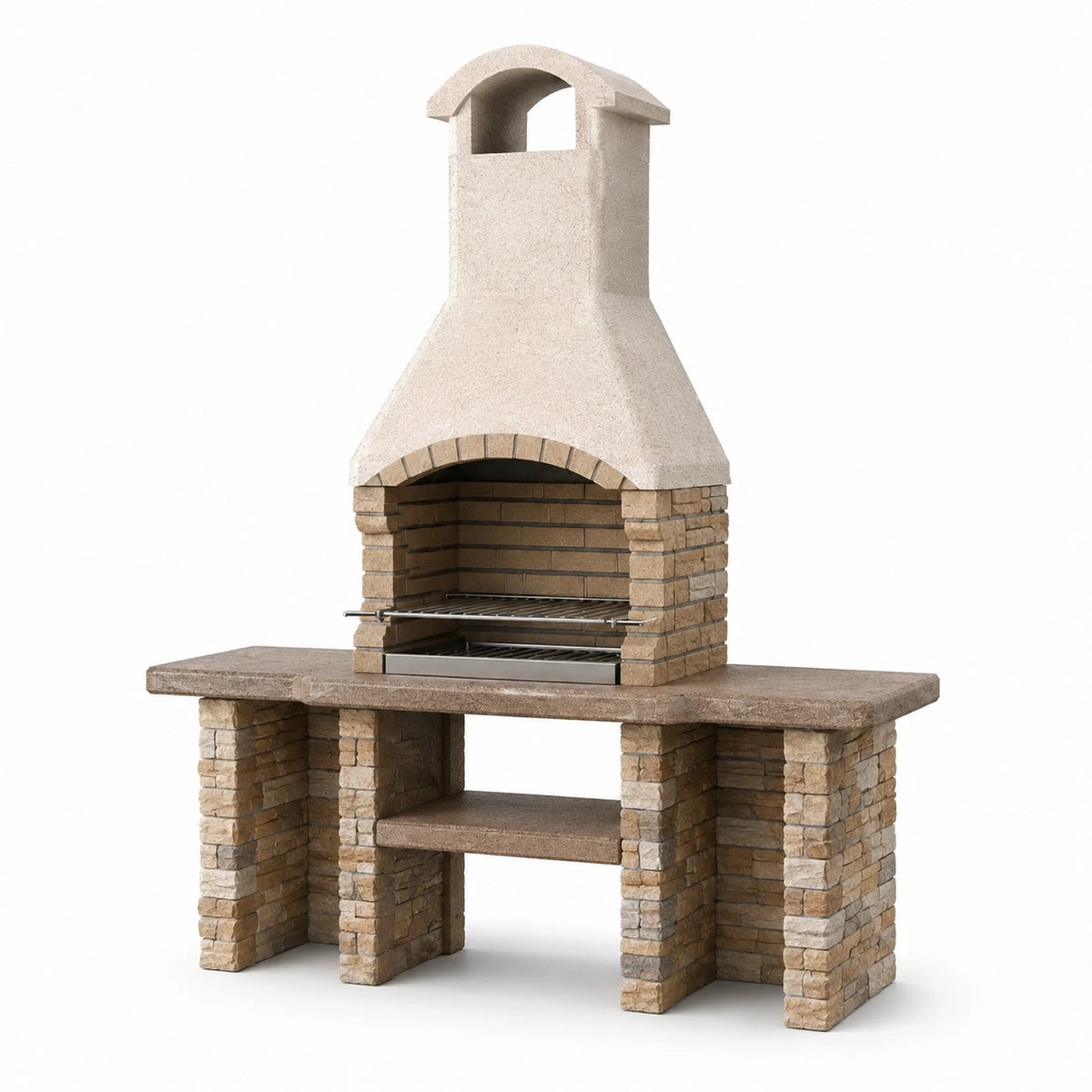 Barbecue de jardin en béton et briques beige, marron et gris, 200 x 70 x 250 cm, avec cheminée et plans de travail