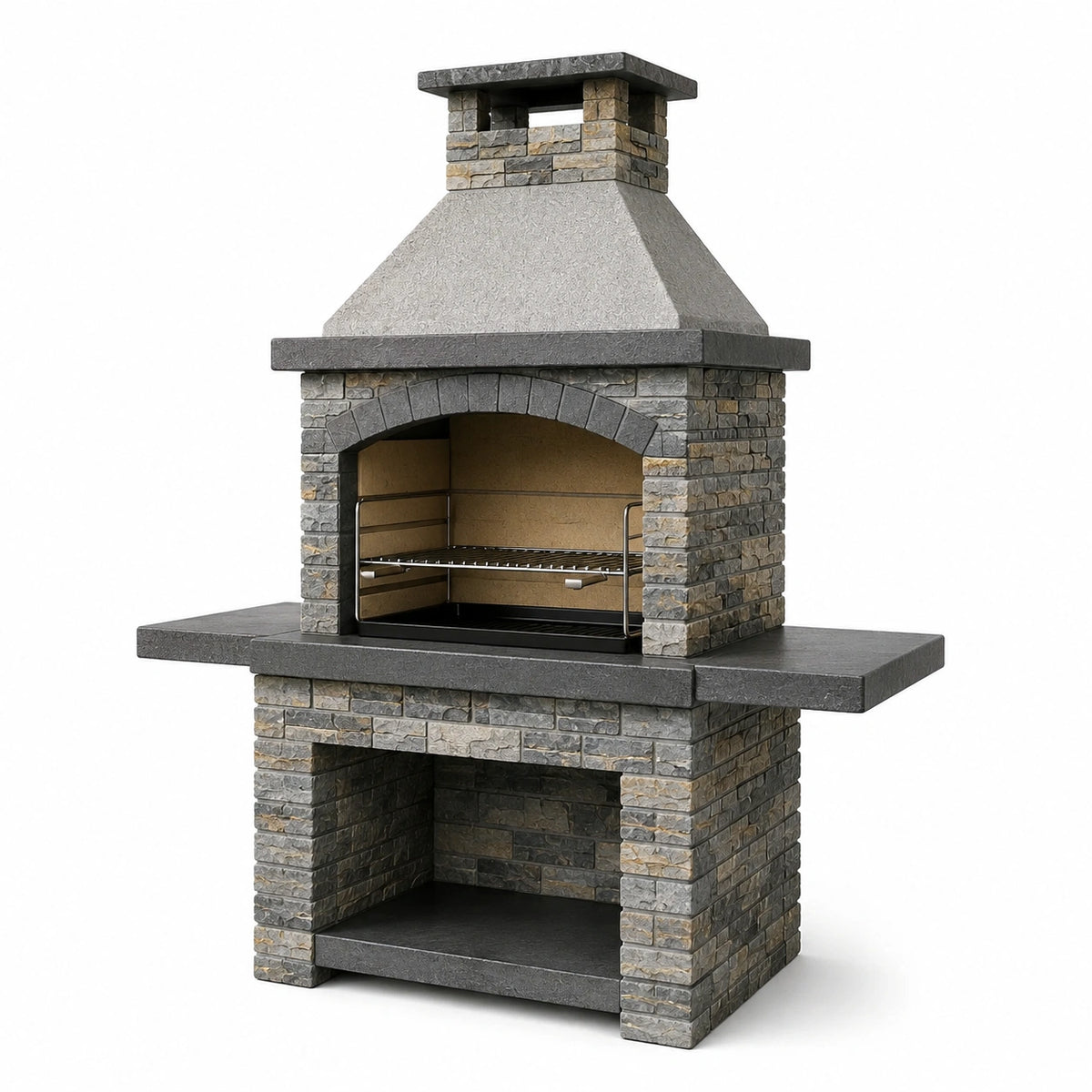Barbecue de jardin en pierre reconstituée gris, anthracite et beige avec hotte et grille réglable, 160 x 70 x 230 cm