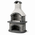 Barbecue de jardin en pierre reconstituée gris clair et gris foncé avec cheminée et double grille, 110 x 70 x 220 cm
