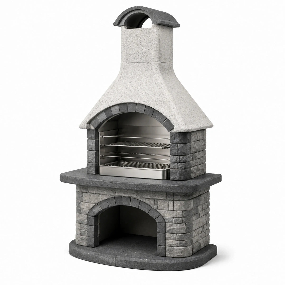 Barbecue de jardin en pierre reconstituée gris clair et gris foncé avec cheminée et double grille, 110 x 70 x 220 cm
