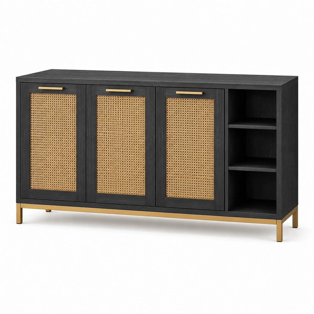 Buffet en bois composite avec cannage, 3 portes et 3 niches, noir, naturel et doré, 160 x 40 x 85 cm