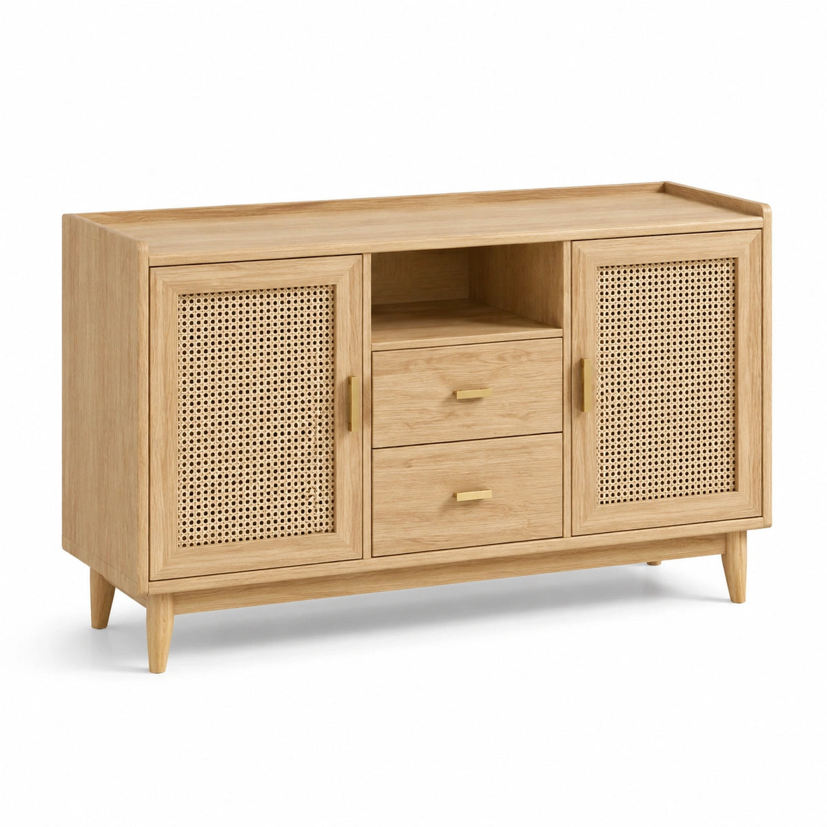 Buffet en bois naturel et cannage, 2 portes, 2 tiroirs et 1 niche, 120 x 40 x 80 cm