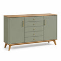 Buffet vert sauge, bois naturel et doré, 140 x 40 x 80 cm, 5 tiroirs et 2 portes