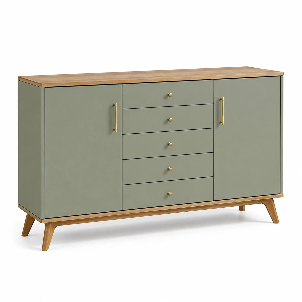 Buffet vert sauge, bois naturel et doré, 140 x 40 x 80 cm, 5 tiroirs et 2 portes