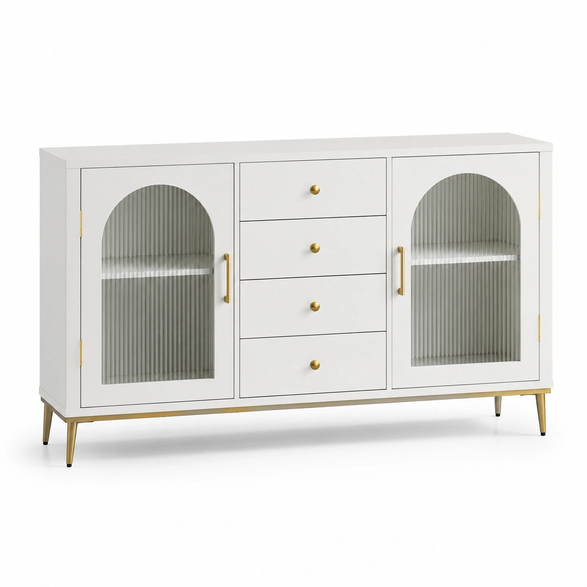 Buffet blanc et doré en verre cannelé, 4 tiroirs et 2 portes, 140 x 40 x 85 cm