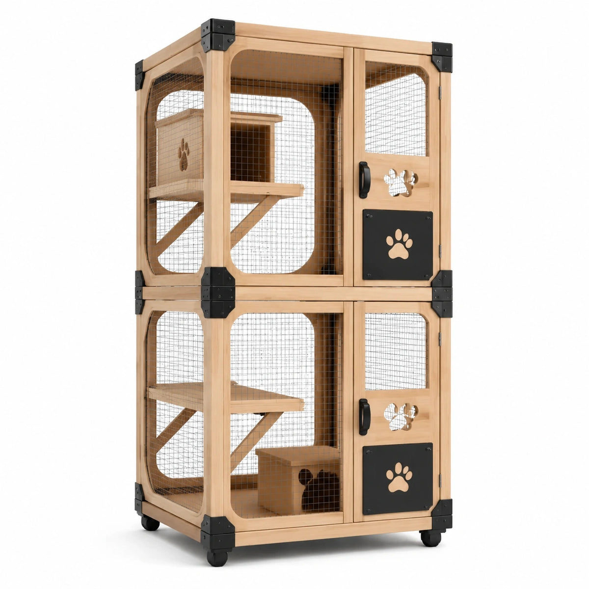 Enclos intérieur pour chat en bois naturel et grillage métallique, 90 x 60 x 150 cm, 2 niveaux avec roulettes