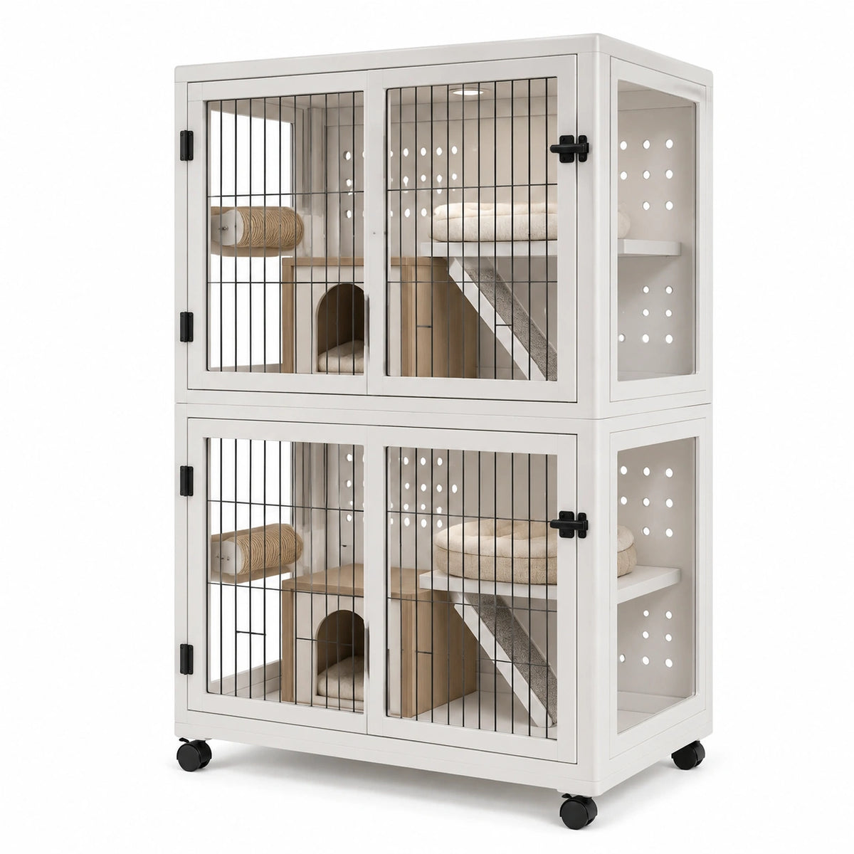 Enclos pour chat à deux compartiments sur roulettes, blanc, noir et bois naturel, 80 x 60 x 150 cm
