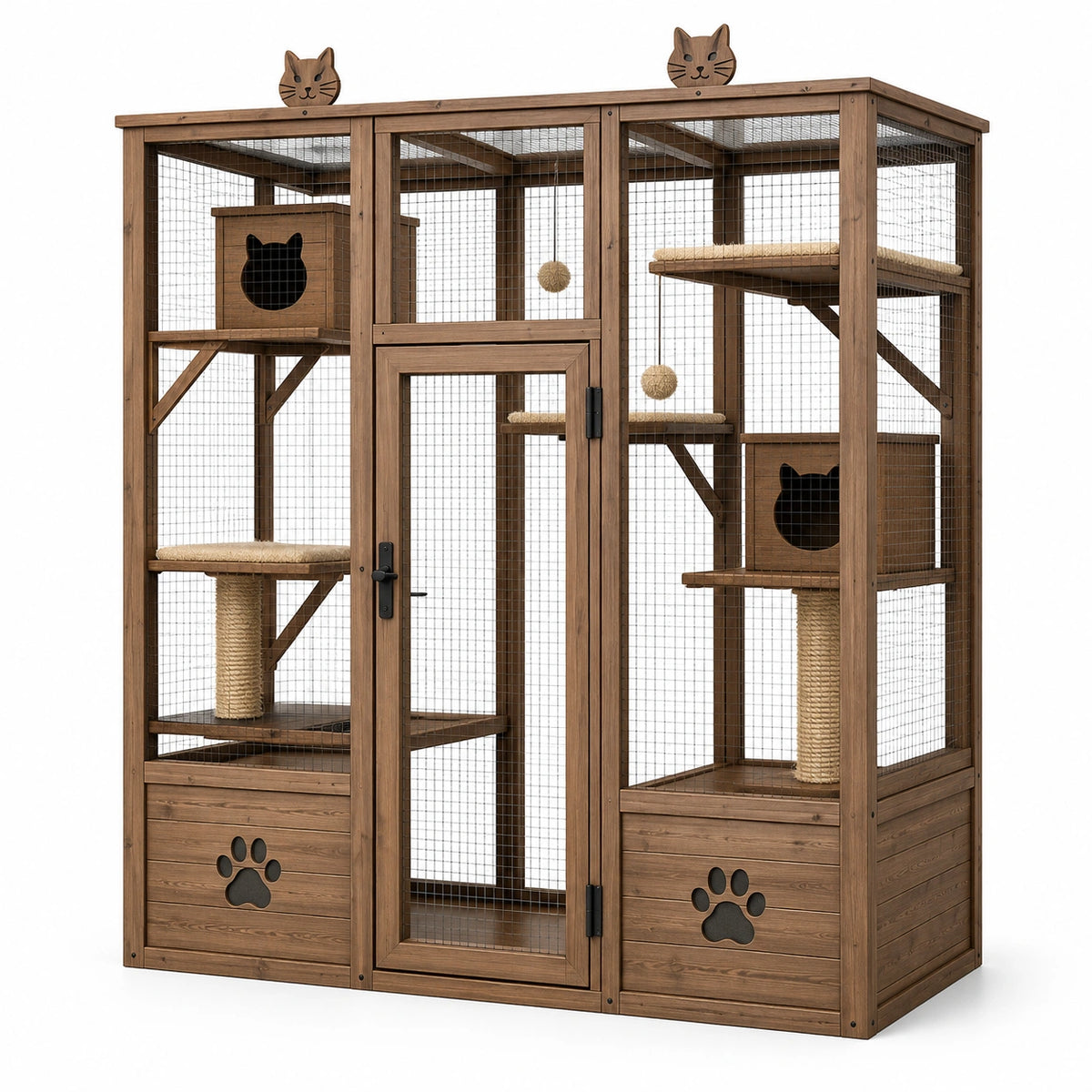 Enclos extérieur pour chats en bois brun et grillage métallique, 180 x 100 x 190 cm, avec plateformes, abris et griffoirs