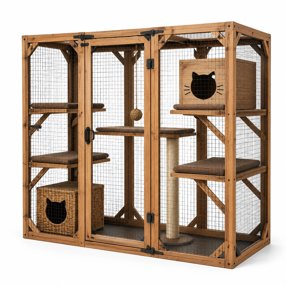 Enclos pour chat multiniveau en bois brun, noir et beige, 183 x 92 x 183 cm