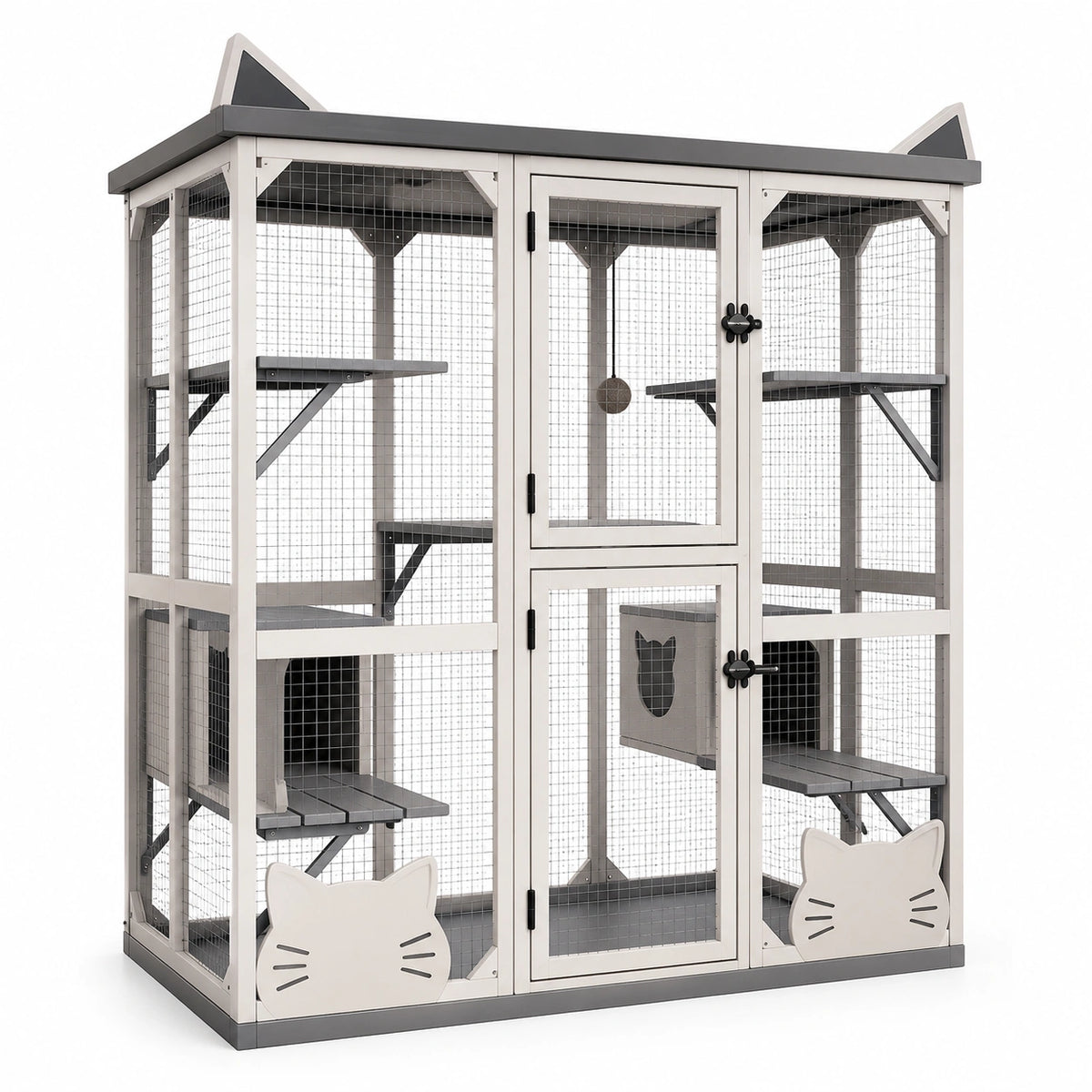 Enclos extérieur pour chats à plusieurs niveaux, 110 x 75 x 180 cm, bois blanc et grillage métallique gris