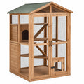 Enclos extérieur pour chat en bois brun avec grillage noir, toit vert foncé, abri et plateformes, 100 x 80 x 180 cm