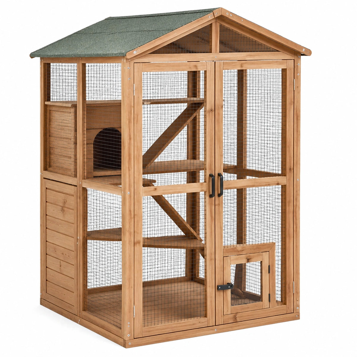 Enclos extérieur pour chat en bois brun avec grillage noir, toit vert foncé, abri et plateformes, 100 x 80 x 180 cm