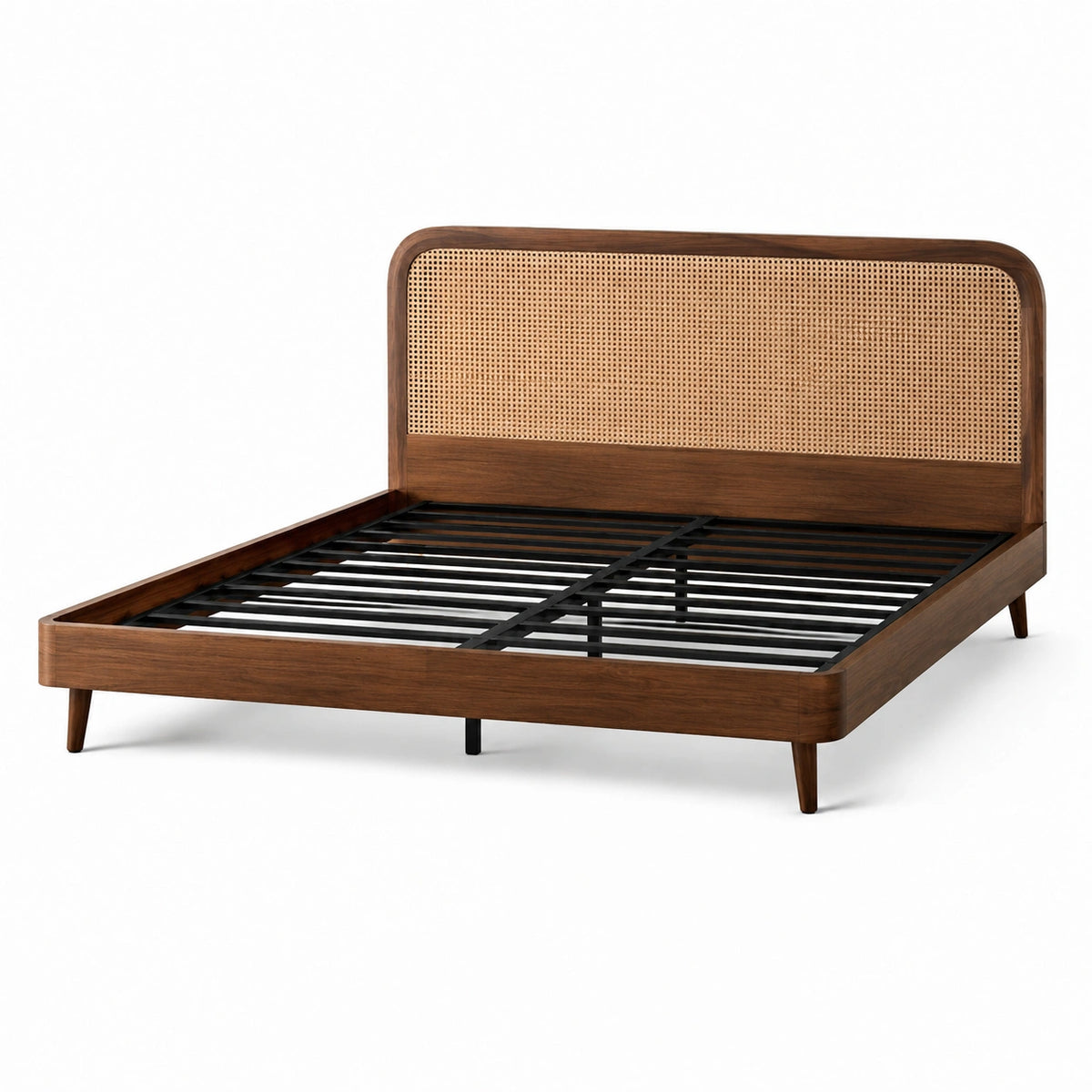 Lit double 160 x 200 cm en bois brun et cannage naturel avec sommier à lattes