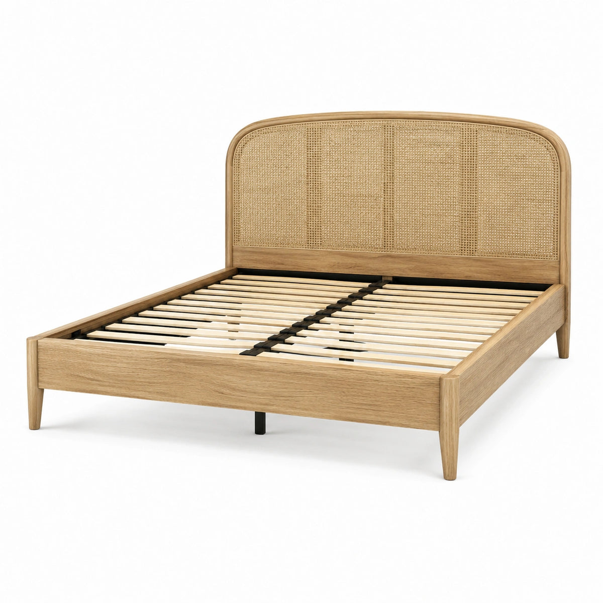 Lit double en bois naturel et cannage avec sommier à lattes, pour matelas 160 x 200 cm, dimensions 209 x 166 x 110 cm