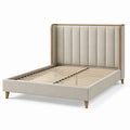 Lit double 160 x 200 cm beige et bois naturel avec tête de lit rembourrée et sommier à lattes