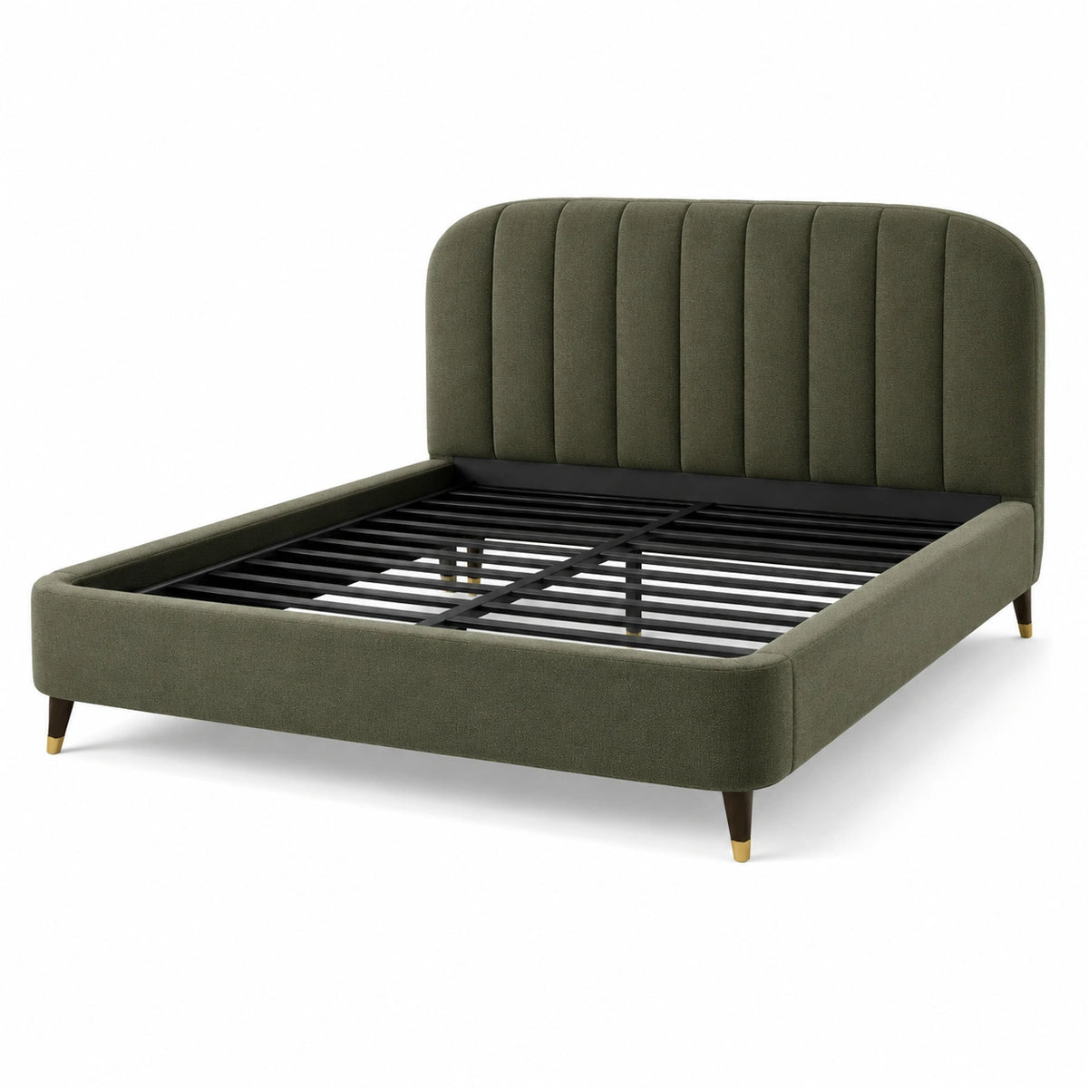 Lit double 160 x 200 cm en tissu vert olive avec tête de lit rembourrée et sommier à lattes métalliques