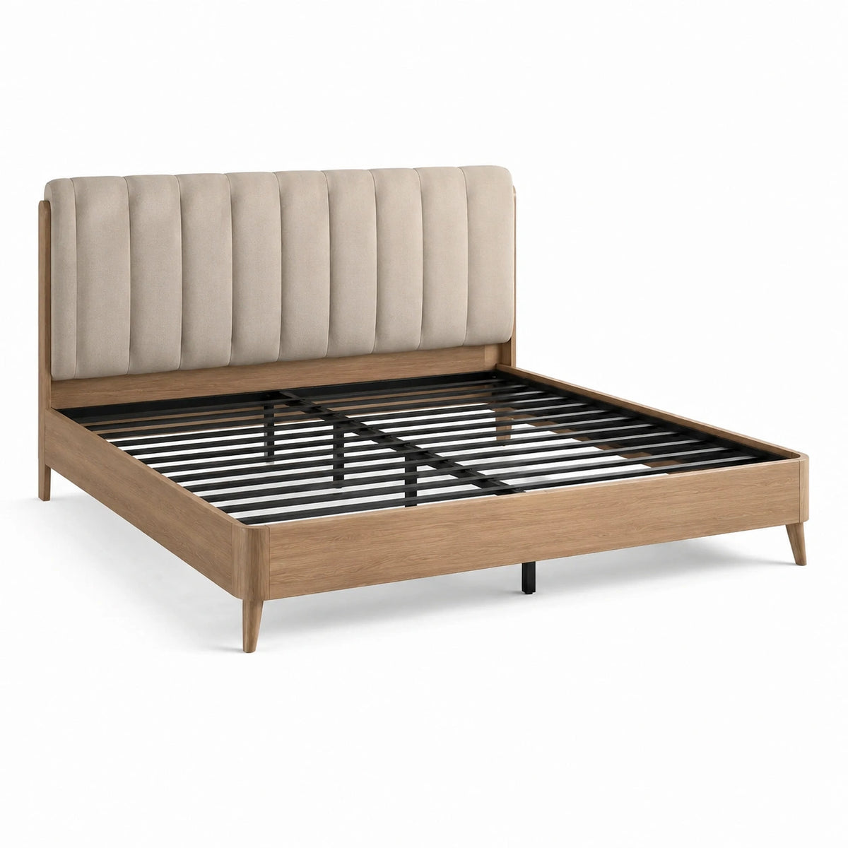 Lit double 160 x 200 cm avec tête de lit rembourrée beige, cadre effet chêne et sommier métallique noir